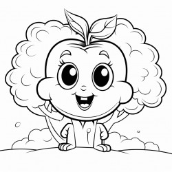 cartoon character of an apple with a face in a garden