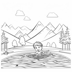 toddler swimming in the swimming pool with lane lines and some floaters around the backdrop is a mountain and trees
