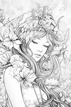 goddess of nature surrounded by plants and fairies
