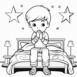 a little boy kneeled down by his bed praying and there is a window over his bed with the moon and stars outside