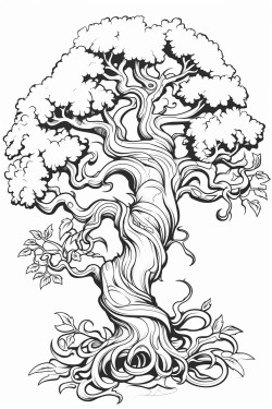 a large twisted oak tree with swirling leaves and hidden creatures like fairies or owls peeking through