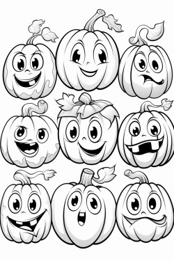 draw a variety of pumpkins with different facial expressionshappy silly spooky and surprised