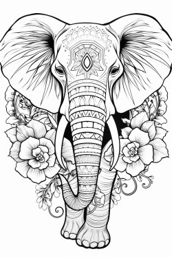 elephant zentangle art with flowers on the side