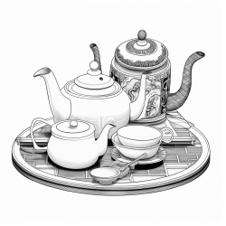 an asian influence tea service using light greys and bold lines with very minimal shading and black fill