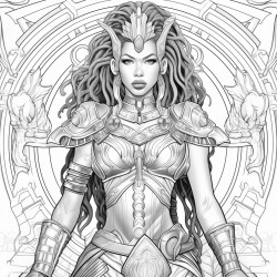 create an image of a woman warrior with african features putting on a breast plate detailed and decorative background