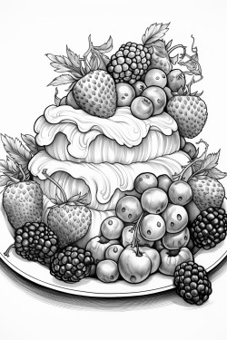 create a blackandwhite coloring page illustration featuring an clair on a beautiful plate elegantly decorated with berries the design must have maximum clarity in detail showcasing the textures layers and decorations of the clair making it suitable for coloring