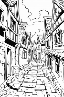 ankhmorpork twisted alleys cobblestones leaning buildings warped timbers chimneys smoke