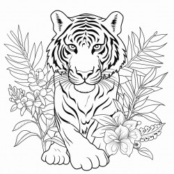 big tiger with tropical leaves or flowers