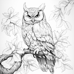 coloring page owl perched on a tree branch with leaves around no shading high details thick lines