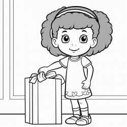 african american little girl  wearing a dress with fringes at the bottom that is lifting a heavy box