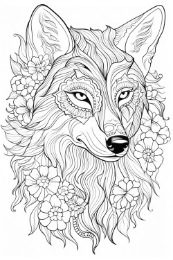 wolf zentangle art with flowers on the side