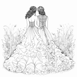 the back of two brides in wedding dresses in a field of flowers