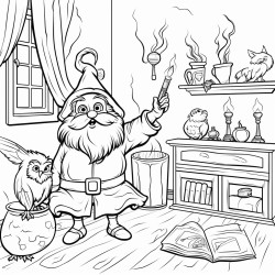 happy wizard in a room playing with cat and owl