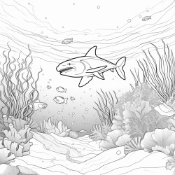 an ocean with a clownfish in an anemone a shark chasing a fish and a whale with barnacles swimming