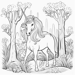 hermoso unicornio en el bosque rodeado de arboles rio