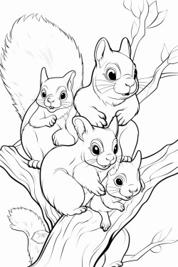 a happy family of squirrels on a tree