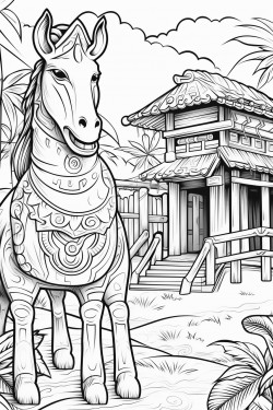 horse in hawaii next to totem poles