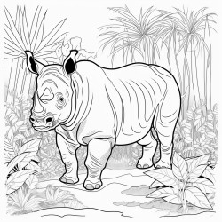 javan rhino standing in a lush forest surrounded by tropical plants and flowers