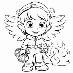 a big eyes angel kid with wings at the fire department
