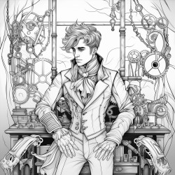 a vampire with a mechanical arm dressed in victorian clothing in a steampunk workshop surrounded by gears