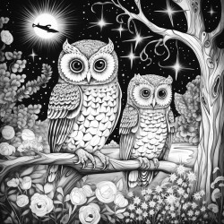 write a prompt for the colouring idea owls in the nightremember it must be in black and whiteso that the adult will be the one to colour it not more than 300 characters