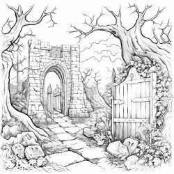 a crumbling arched stone gate leading into a haunted graveyard