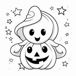 cute ghost holding a pumpkin smiling with big round eyes surrounded by stars bats and a crescent moon