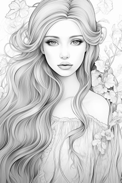 greyscale adult coloring page with manga woman with long hair