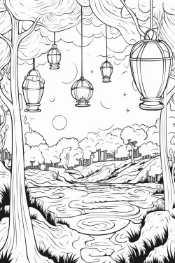 a magical forest with floating lanternsok