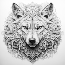 wild coyote kaleidoscope mandala thick lines no shades square bleeding coloring page