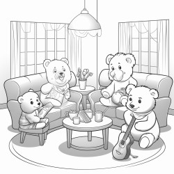 illustration a group of teddy bears sitting in a circle discussing their band plans with a teddy bear holding a notepad background a cozy living room with musical posters on the walls and a coffee table with snacks