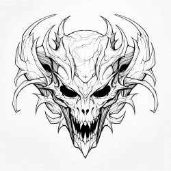 black and white line art dragon skull portrait simple clip art low detail 6 horns