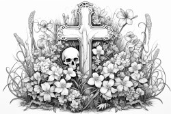 aged halloween tombstone with cross ravin lily of the valley and chains