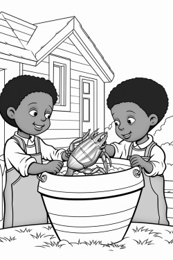 little black boys playing with a big lifesize crawfish that is standing in a boiling pot in the front of a home
