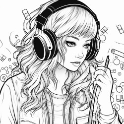 emo girl that has red end of her hair with gaming headphones listening to music on herphone
