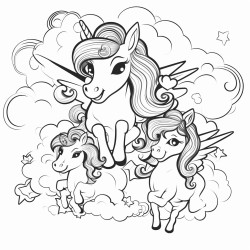 unicorn family flying over rainbow