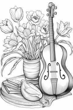 realistic artistic still life with volume that contains a guitar and a vase with tulipans
