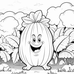 a cartoon character of a jackfruit with a face in a garden