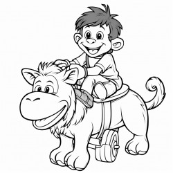 a cartoon monkey riding a cartoon moose to market