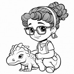 a little mixed girl with glasses with a puff ponytail playing with an ankylosaurus