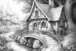 schiefes haus im wald mit bergroen pilzen und bumen