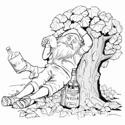 drunkyard gnome with a bottle of vine sleeping under a tree