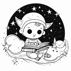 a little alien reading a book under a starry sky with a cute cat curled up next to them