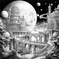 bulidings mixed with saturn and stars that bring nostalga