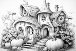 filligree fairy tale hause surrounded by pumpkins in the field