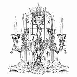 a tall gothic candelabra with melting candles surrounded by dark flowing curtains