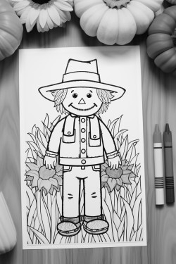 fall coloring page for kids with a scarecrow