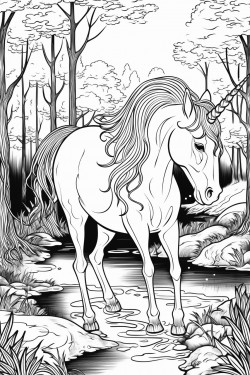 unicorn drinking from a stream in a forest