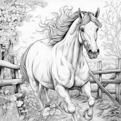horse jumping over a fence in a forest on a pathway