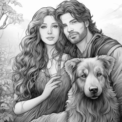 a long haired woman man two big dogs and cat